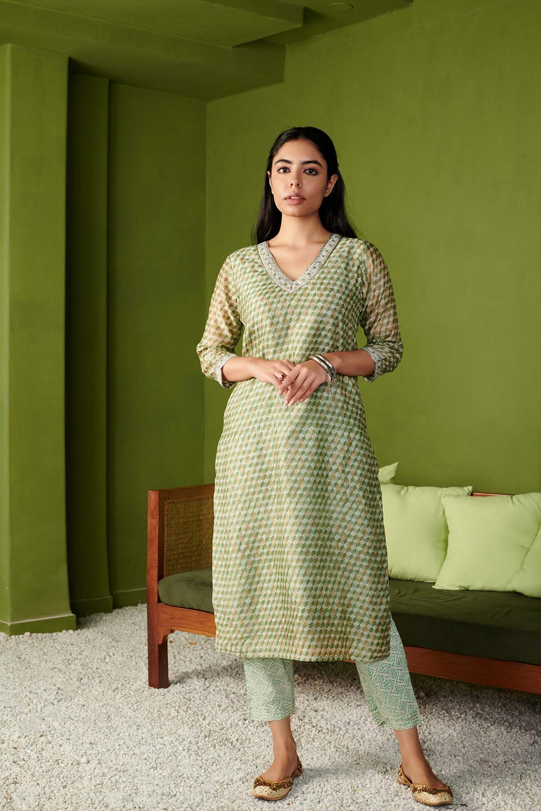 JASHN 2.O GREEN CHANDERI KURTA SET OF 3