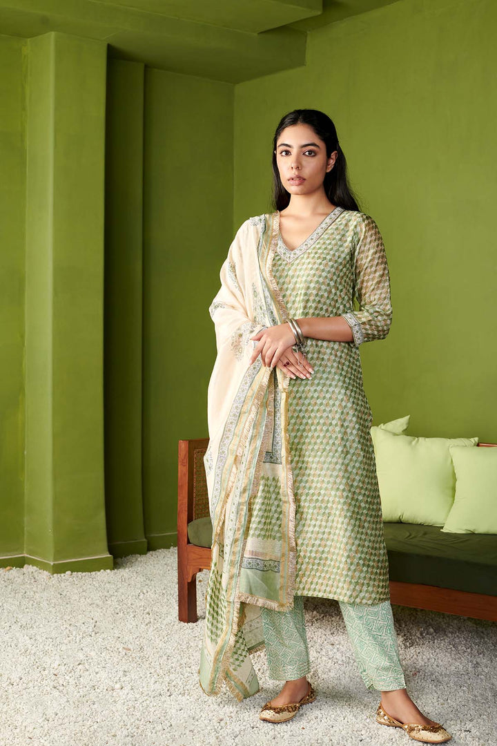 JASHN 2.O GREEN CHANDERI KURTA SET OF 3