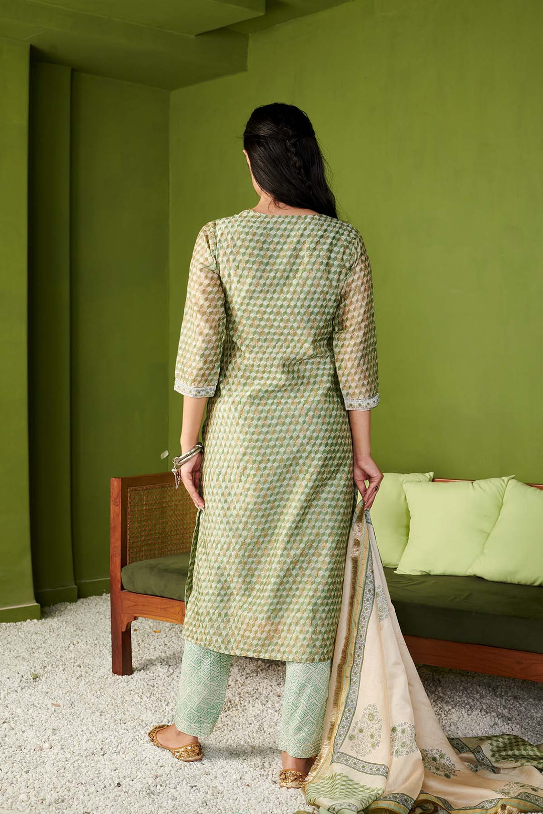 JASHN 2.O GREEN CHANDERI KURTA SET OF 3