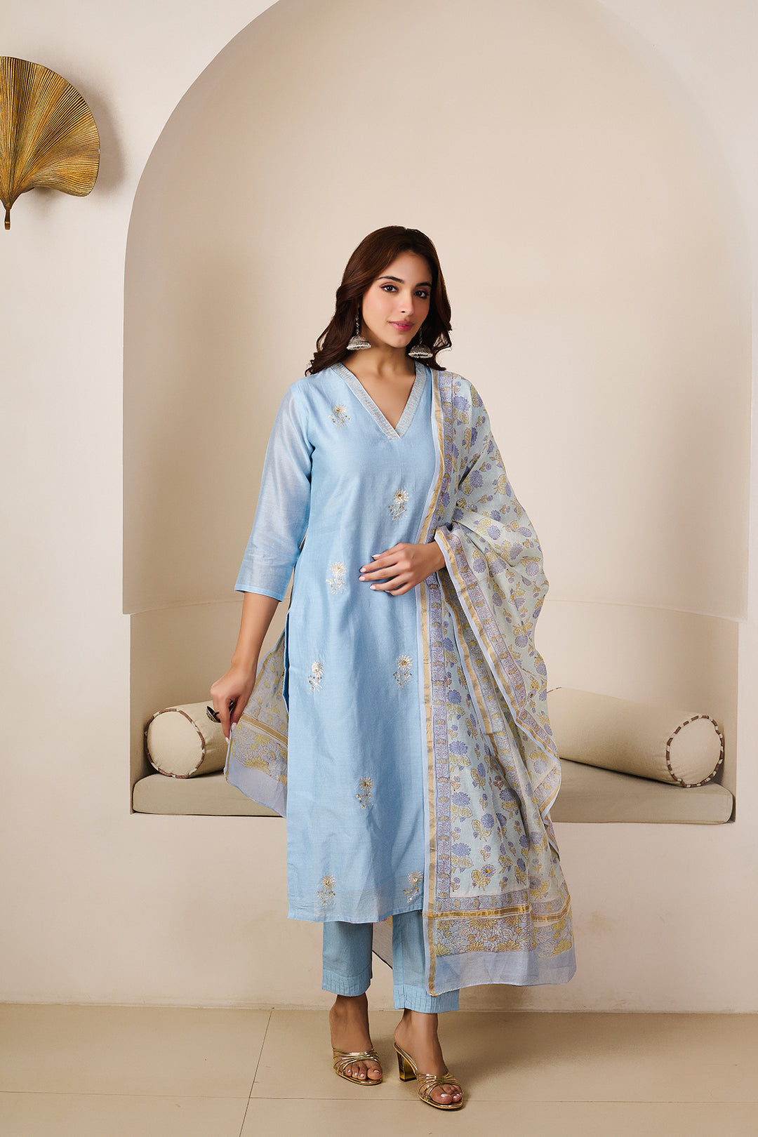 Kalindi Blue Chanderi set of 3