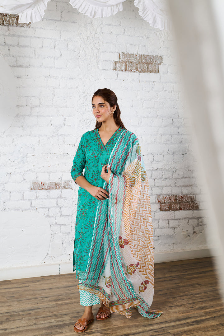 Raahat 2.O Turquoise Kota Doria Set of 3