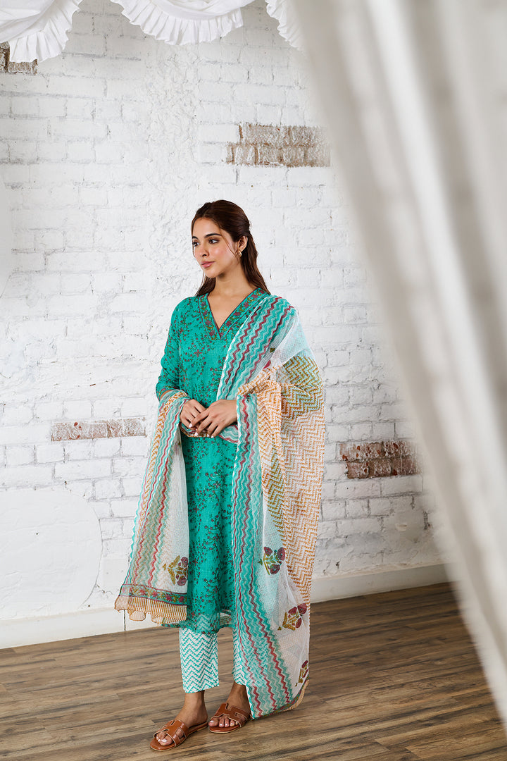 Raahat 2.O Turquoise Kota Doria Set of 3