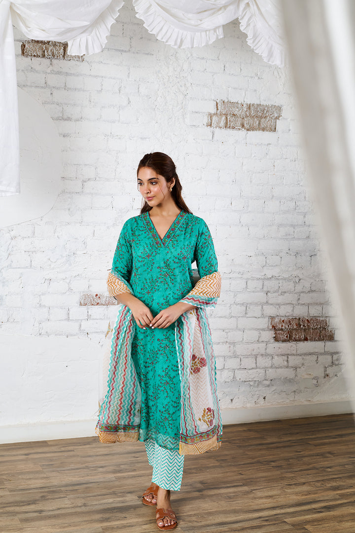 Raahat 2.O Turquoise Kota Doria Set of 3