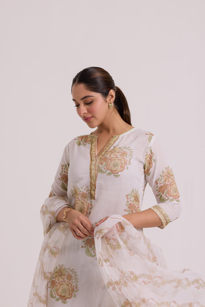 फूलWARI White Olive Gulab Kota Doria Set of 3