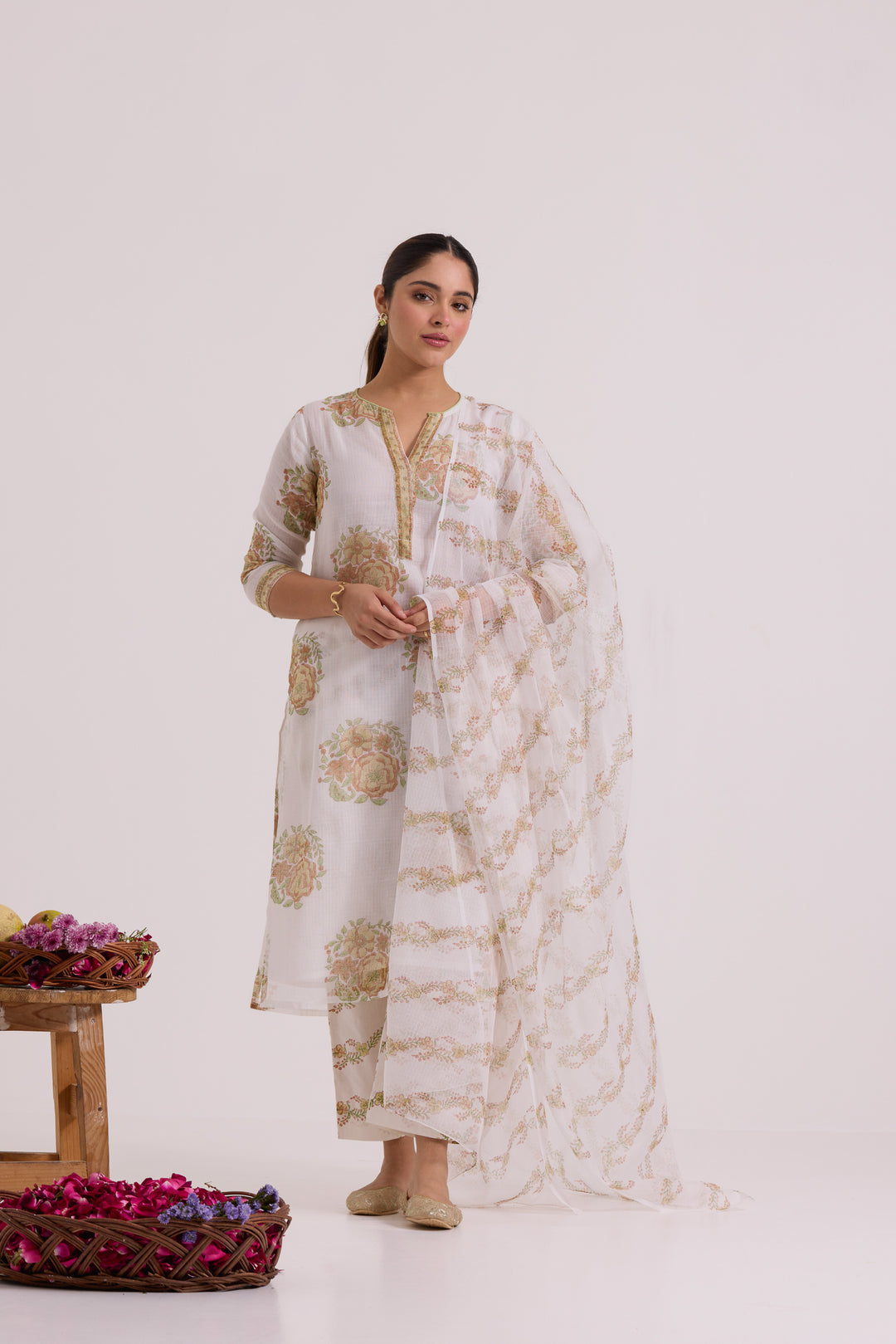 फूलWARI White Olive Gulab Kota Doria Set of 3