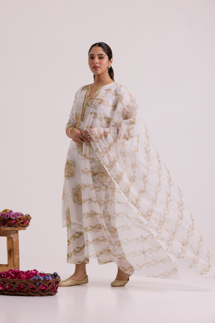 फूलWARI White Olive Gulab Kota Doria Set of 3