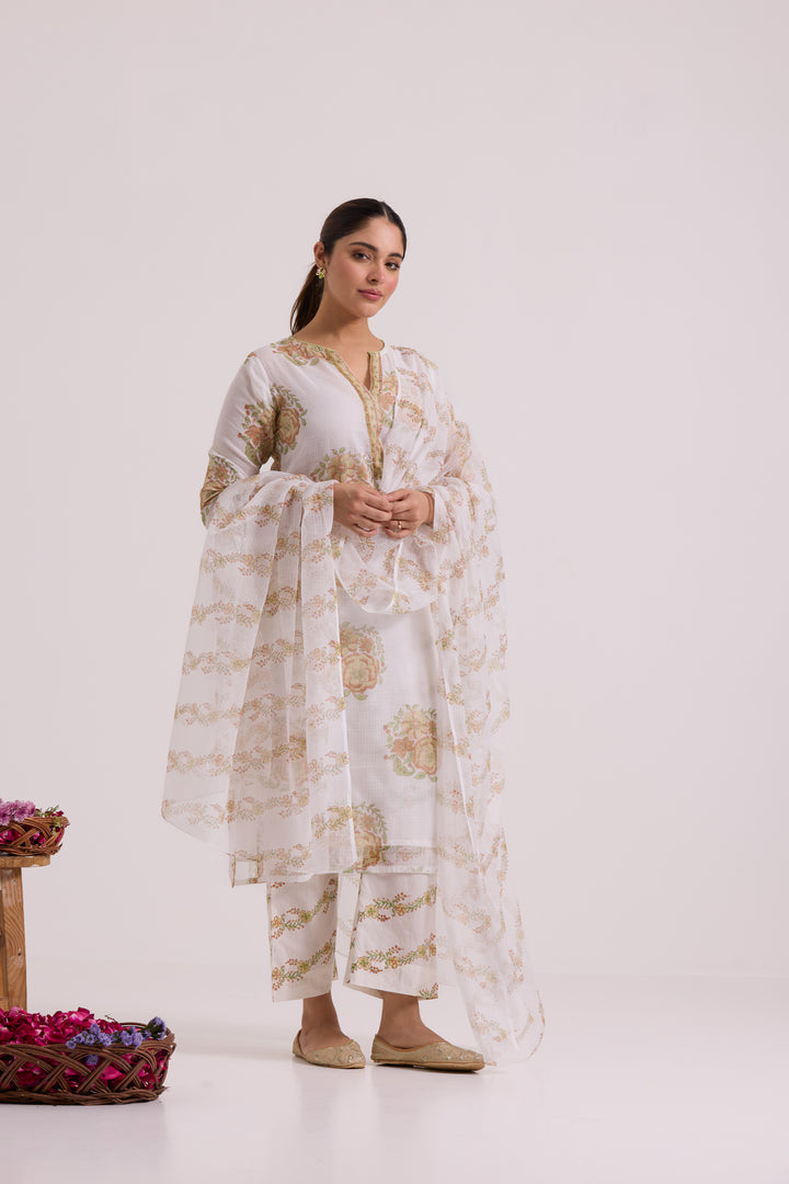 फूलWARI White Olive Gulab Kota Doria Set of 3