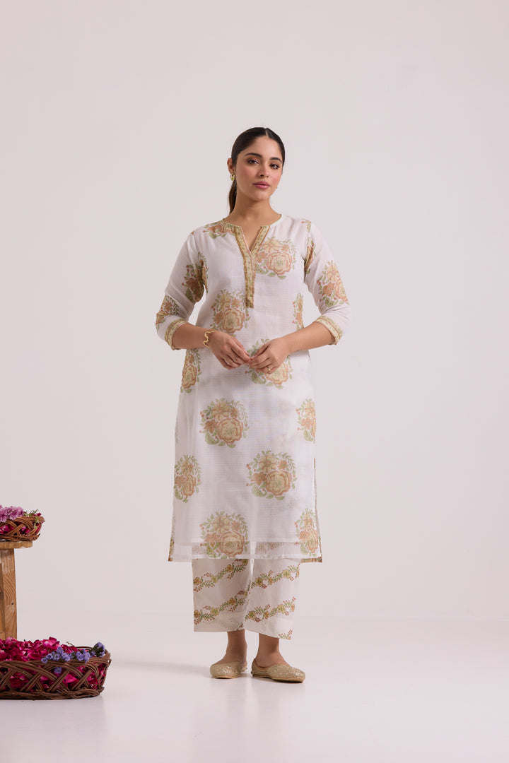 फूलWARI White Olive Gulab Kota Doria Set of 3