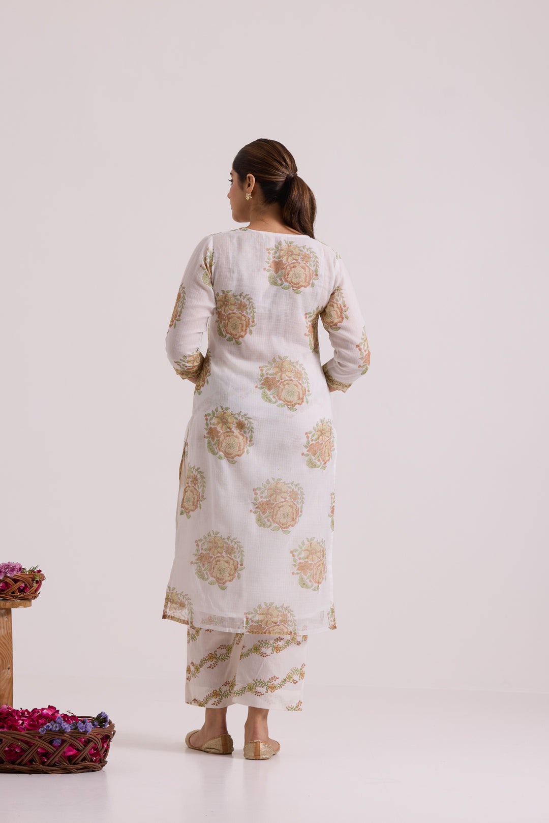 फूलWARI White Olive Gulab Kota Doria Set of 3