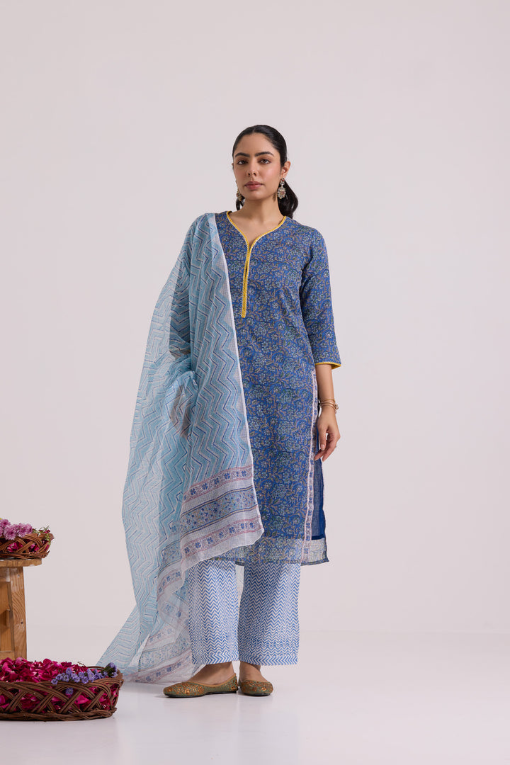 फूलWARI Blue Kota Doria Set of 3