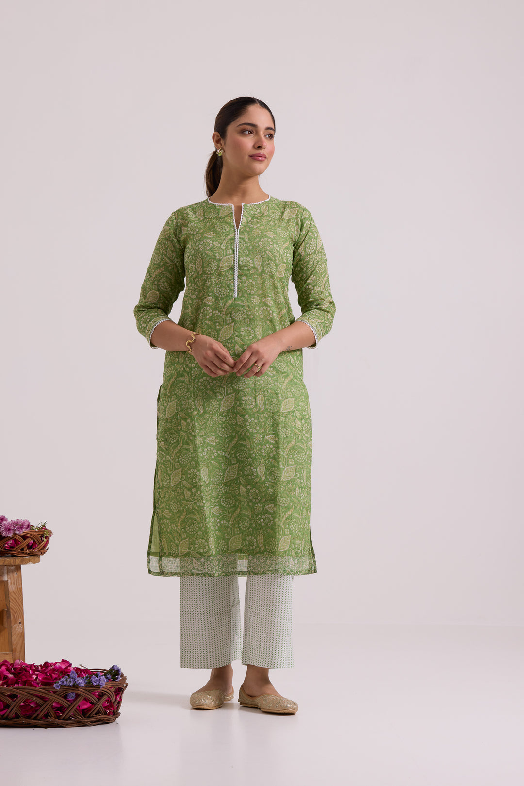 फूलWARI Lime Green Kota Doria Set of 3