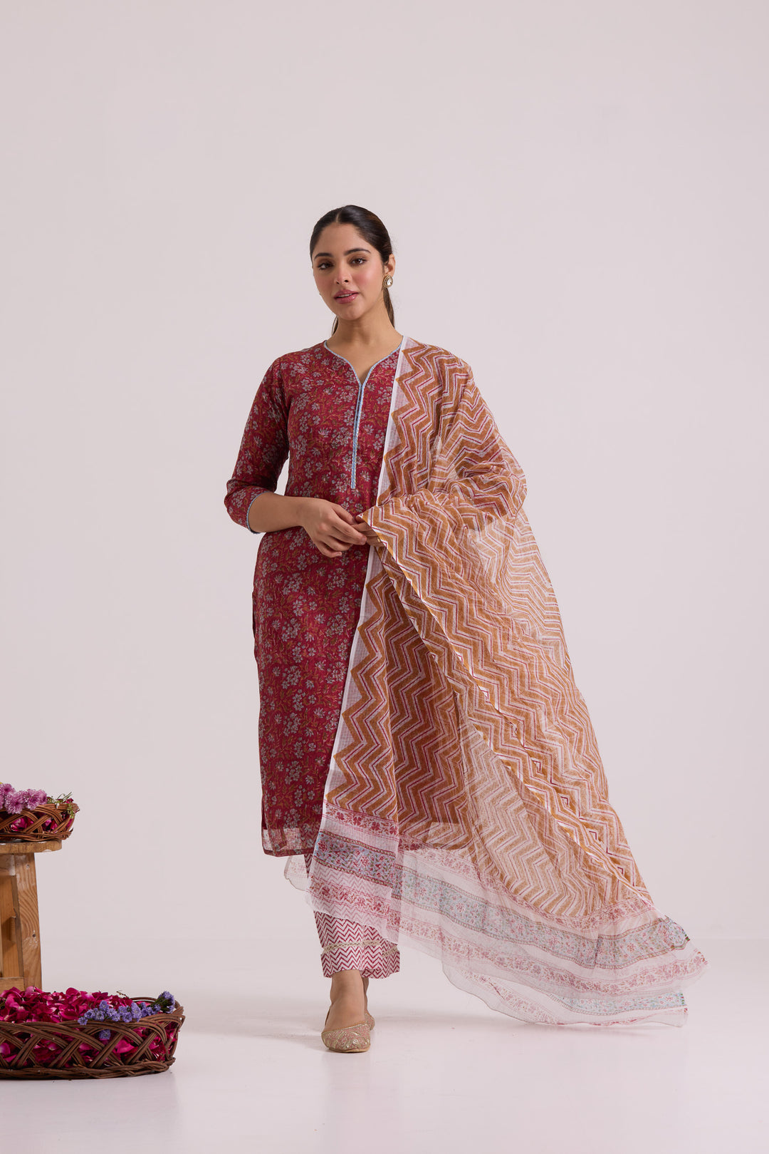 फूलWARI Red Kota Doria Set of 3