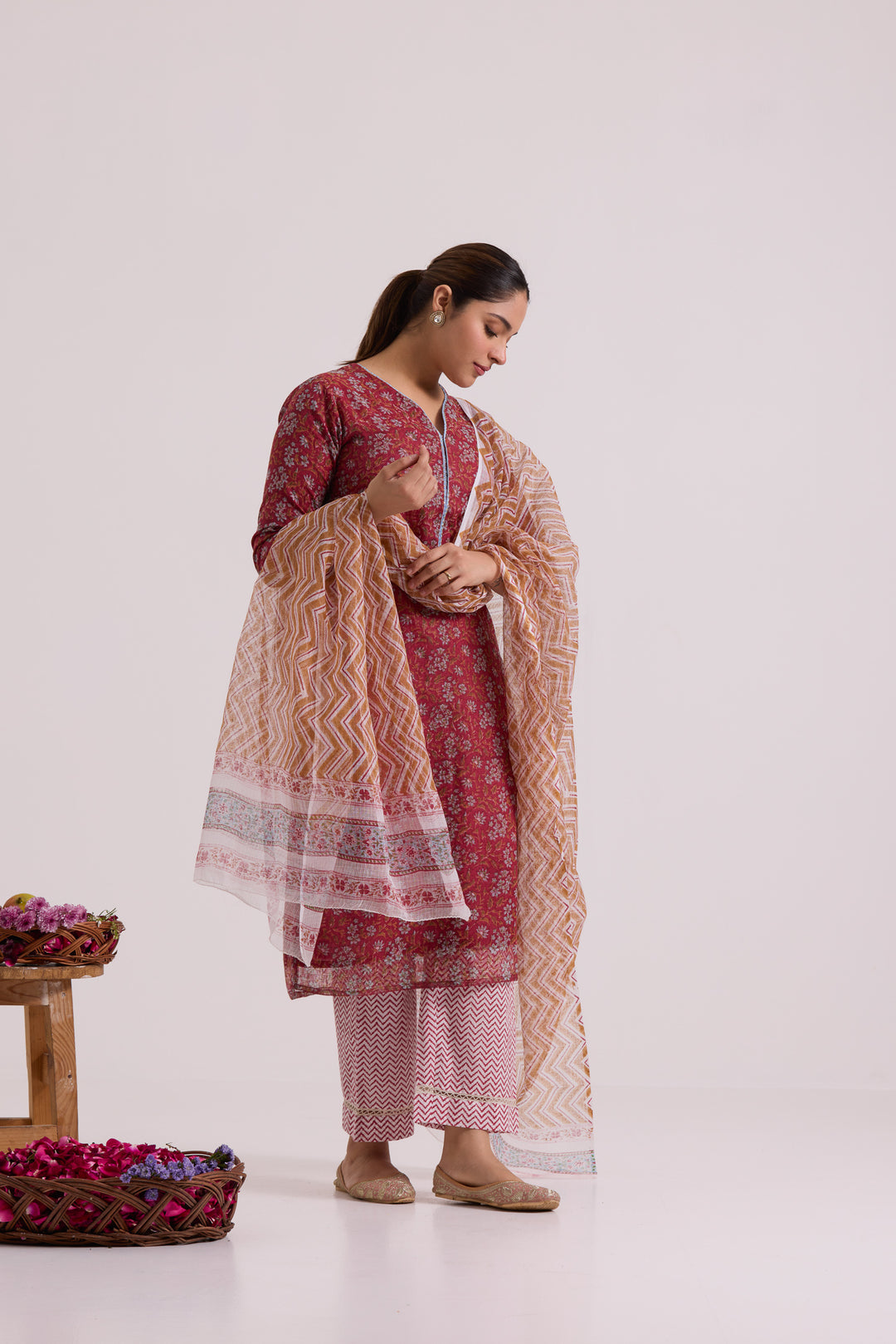 फूलWARI Red Kota Doria Set of 3