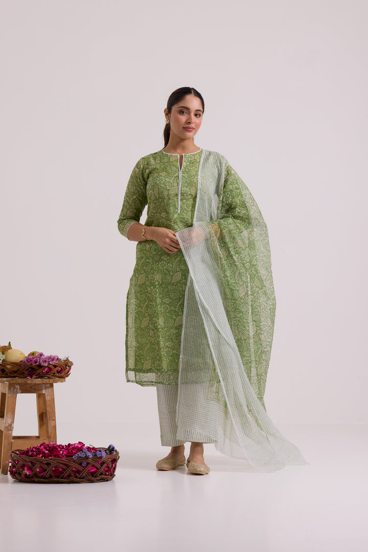 फूलWARI Lime Green Kota Doria Set of 3