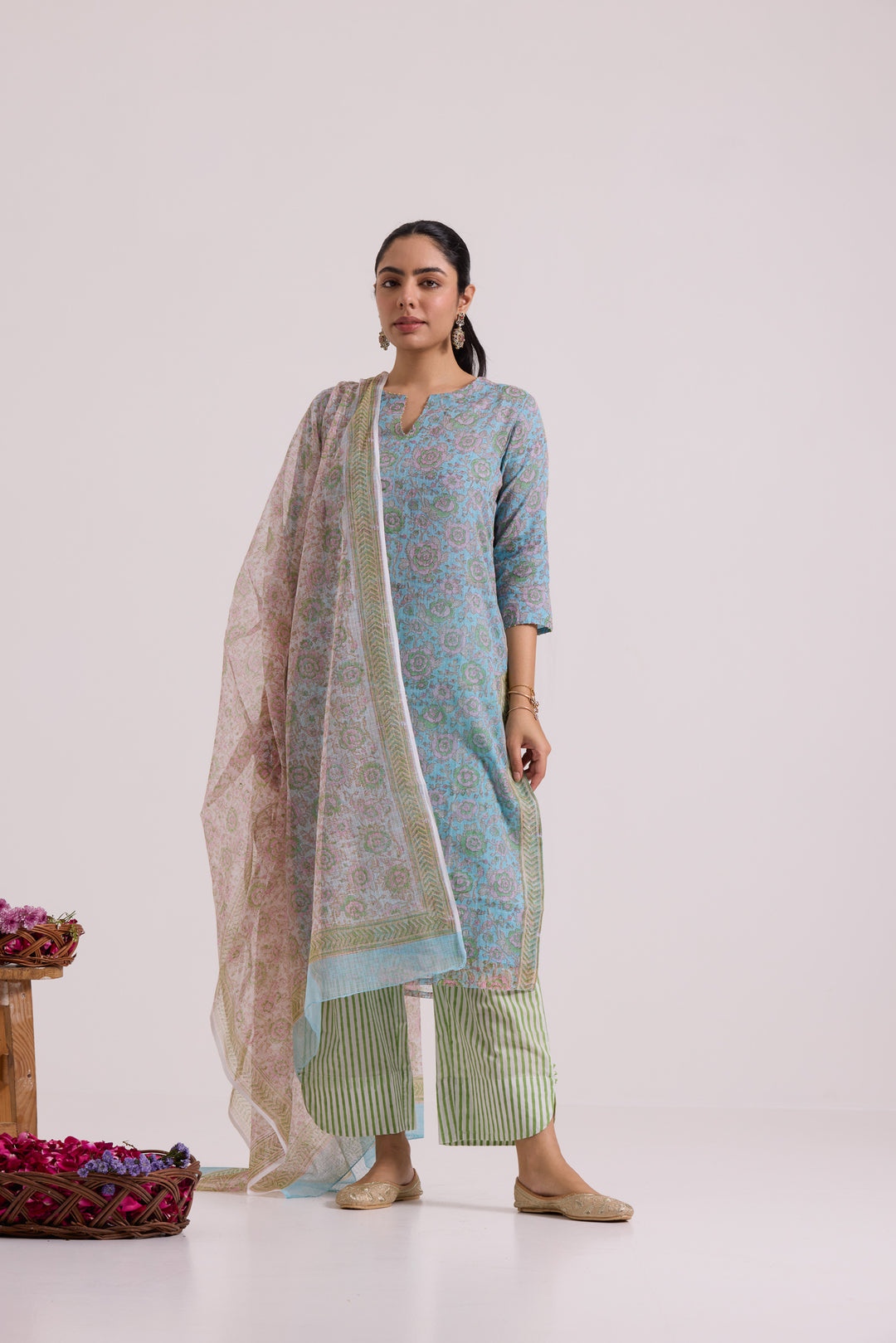 फूलWARI Light Blue Kota Doria Set of 3