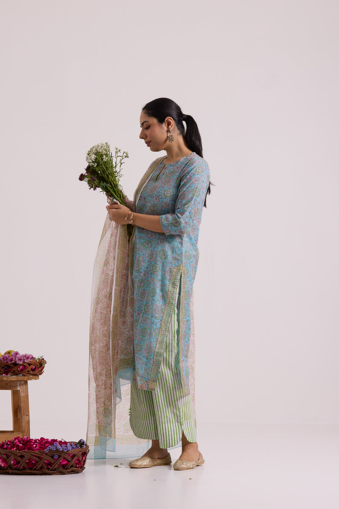 फूलWARI Light Blue Kota Doria Set of 3