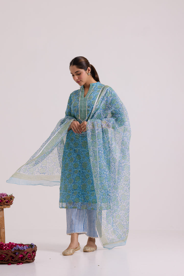 फूलWARI Blue Rose Kota Doria Set of 3