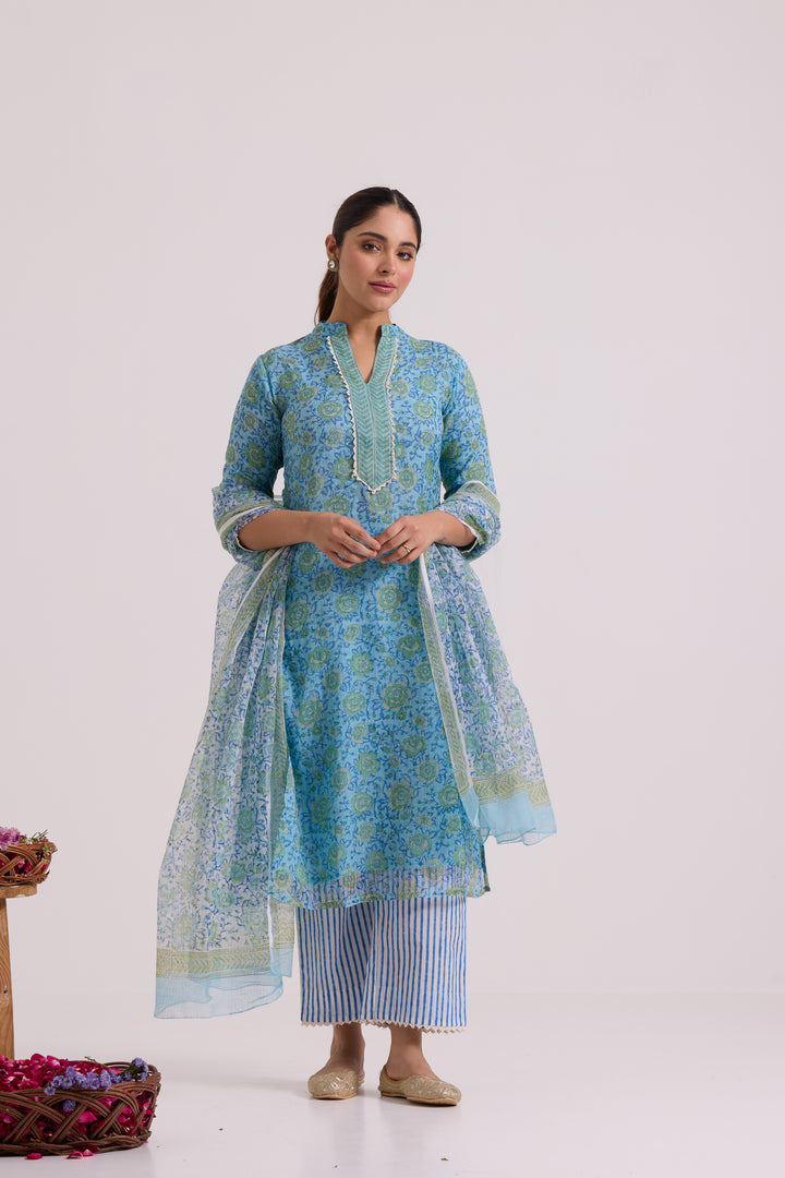 फूलWARI Blue Rose Kota Doria Set of 3