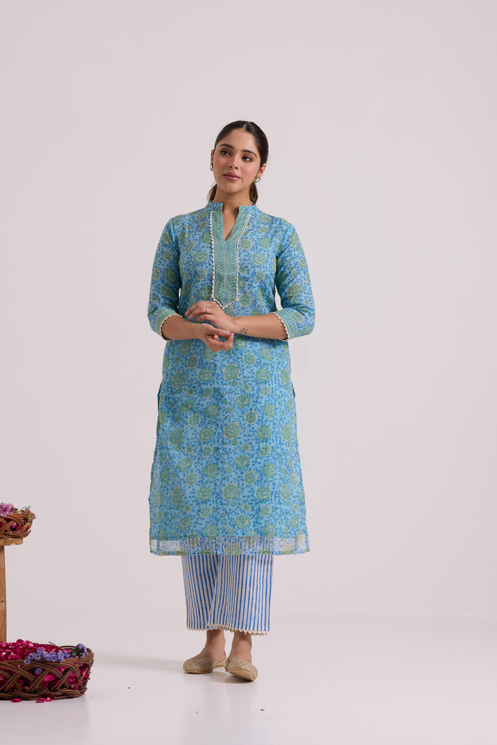 फूलWARI Blue Rose Kota Doria Set of 3