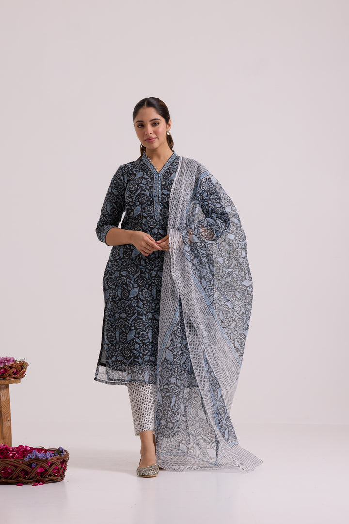 फूलWARI Black & Blue Kota Doria Set of 3