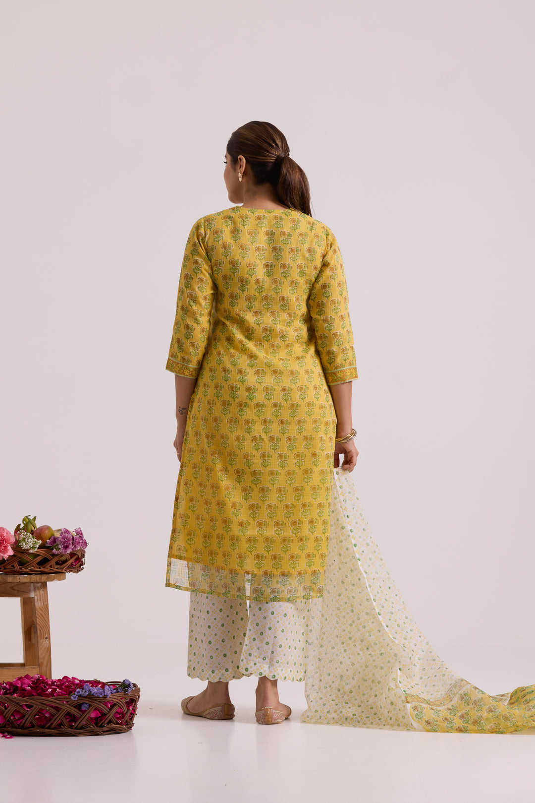 फूलWARI Yellow Buti Kota Doria Set of 3