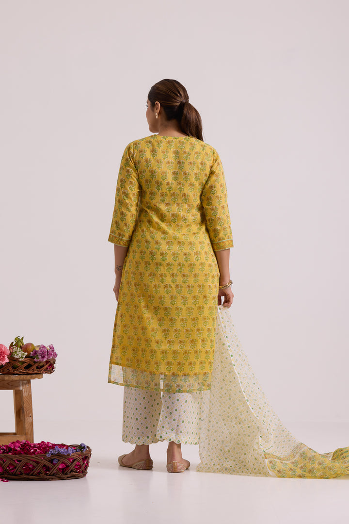 फूलWARI Yellow Buti Kota Doria Set of 3