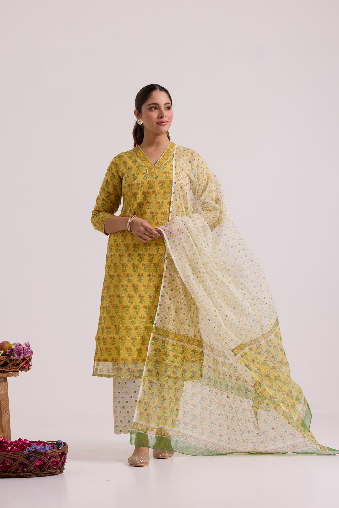 फूलWARI Yellow Buti Kota Doria Set of 3