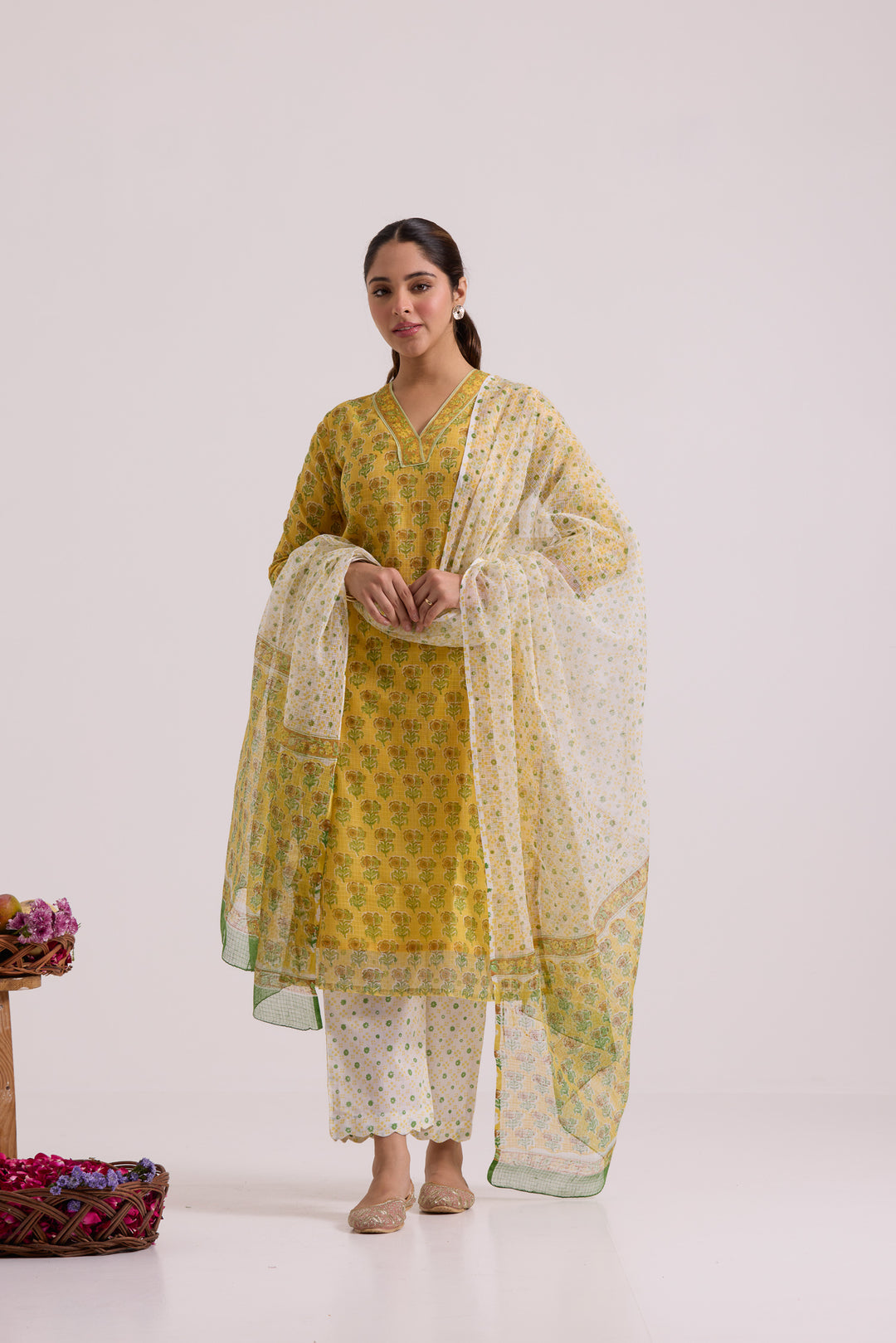 फूलWARI Yellow Buti Kota Doria Set of 3