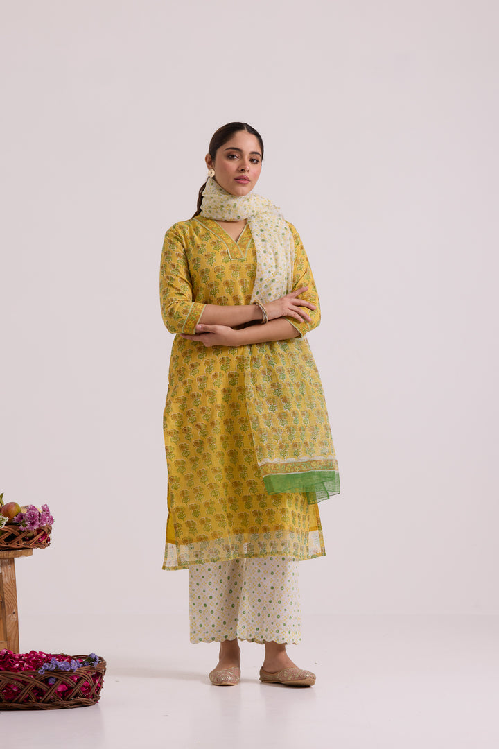 फूलWARI Yellow Buti Kota Doria Set of 3