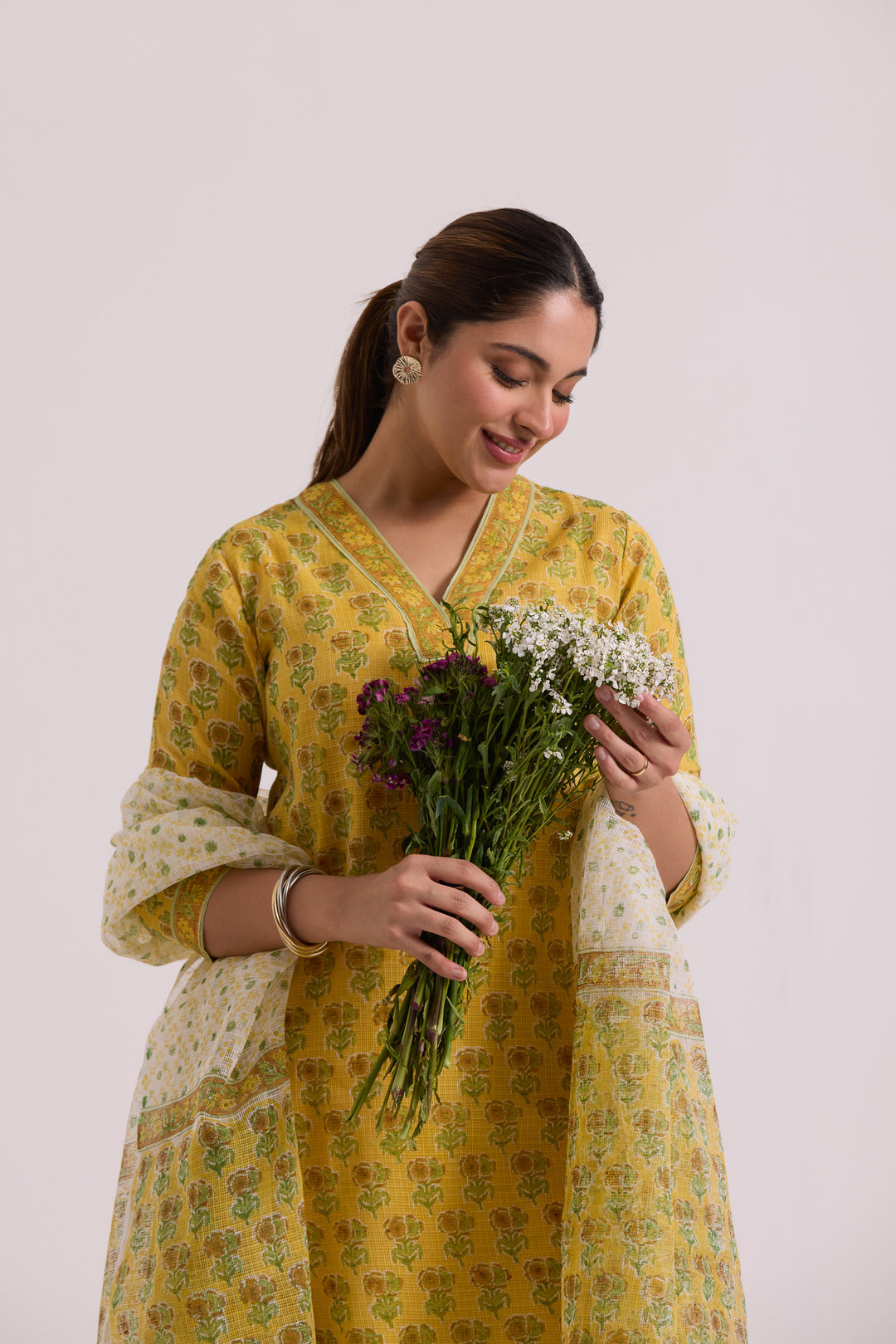 फूलWARI Yellow Buti Kota Doria Set of 3