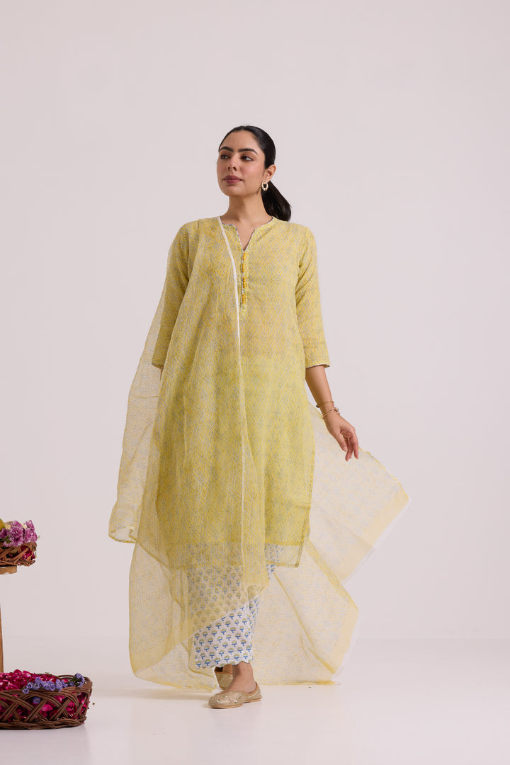 फूलWARI Yellow Jaal Kota Doria Set of 3