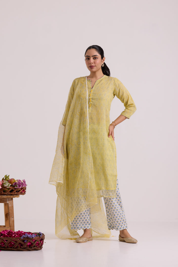फूलWARI Yellow Jaal Kota Doria Set of 3
