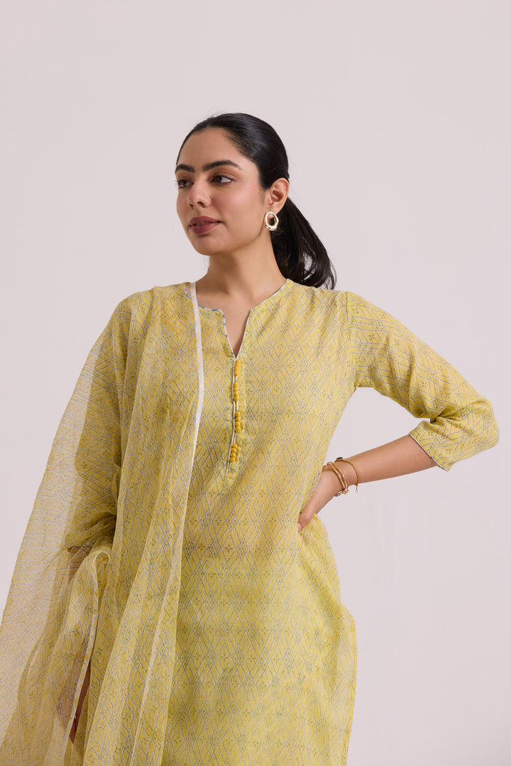 फूलWARI Yellow Jaal Kota Doria Set of 3
