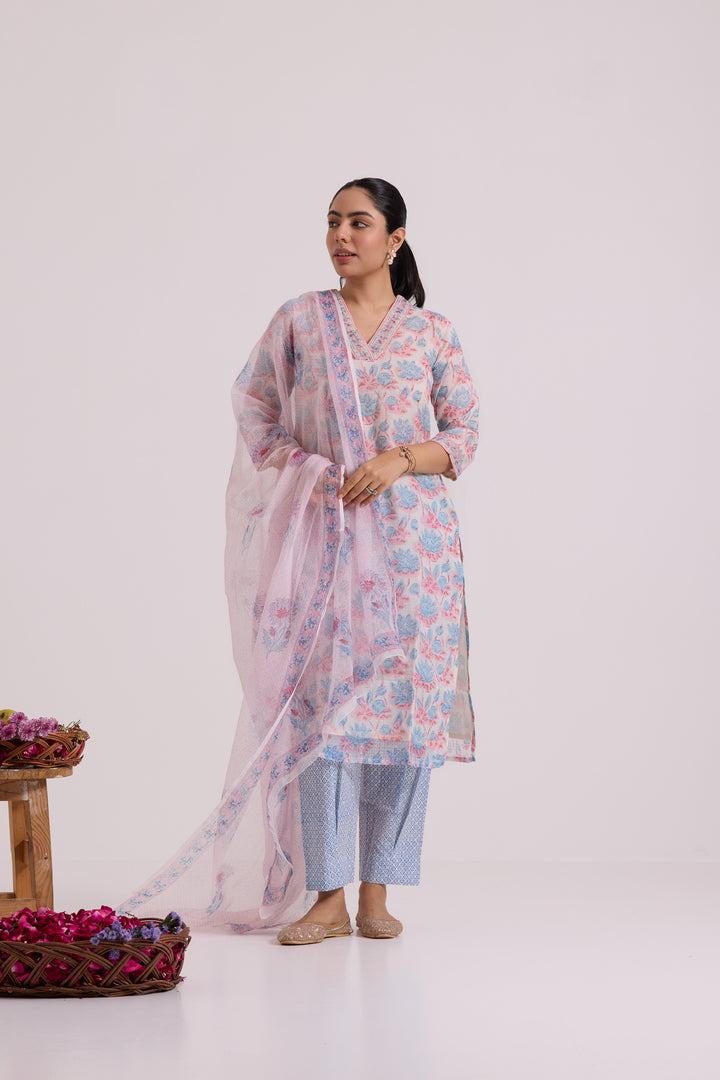 फूलWARI White Lotus Kota Doria Set of 3