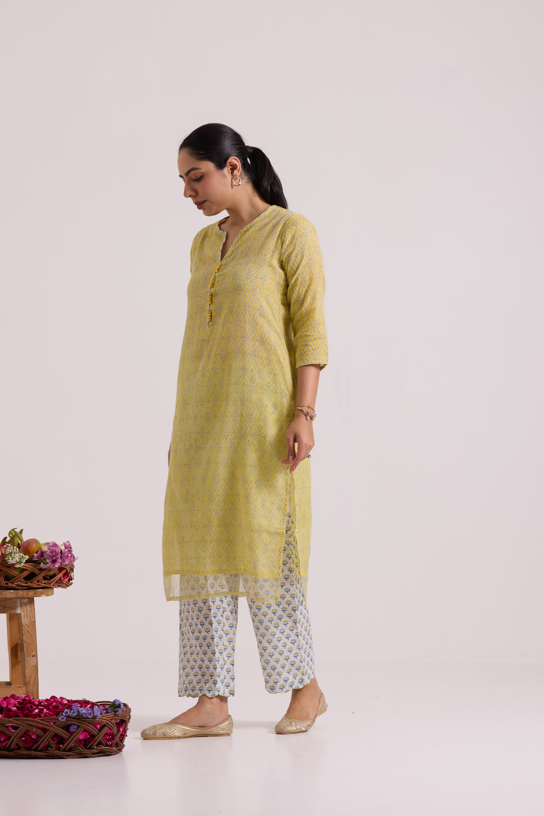 फूलWARI Yellow Jaal Kota Doria Set of 3