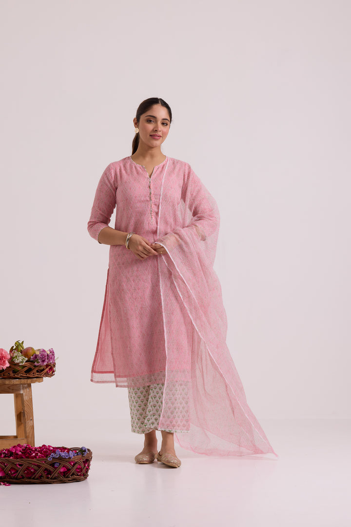 फूलWARI Pink Jaal Kota Doria Set of 3