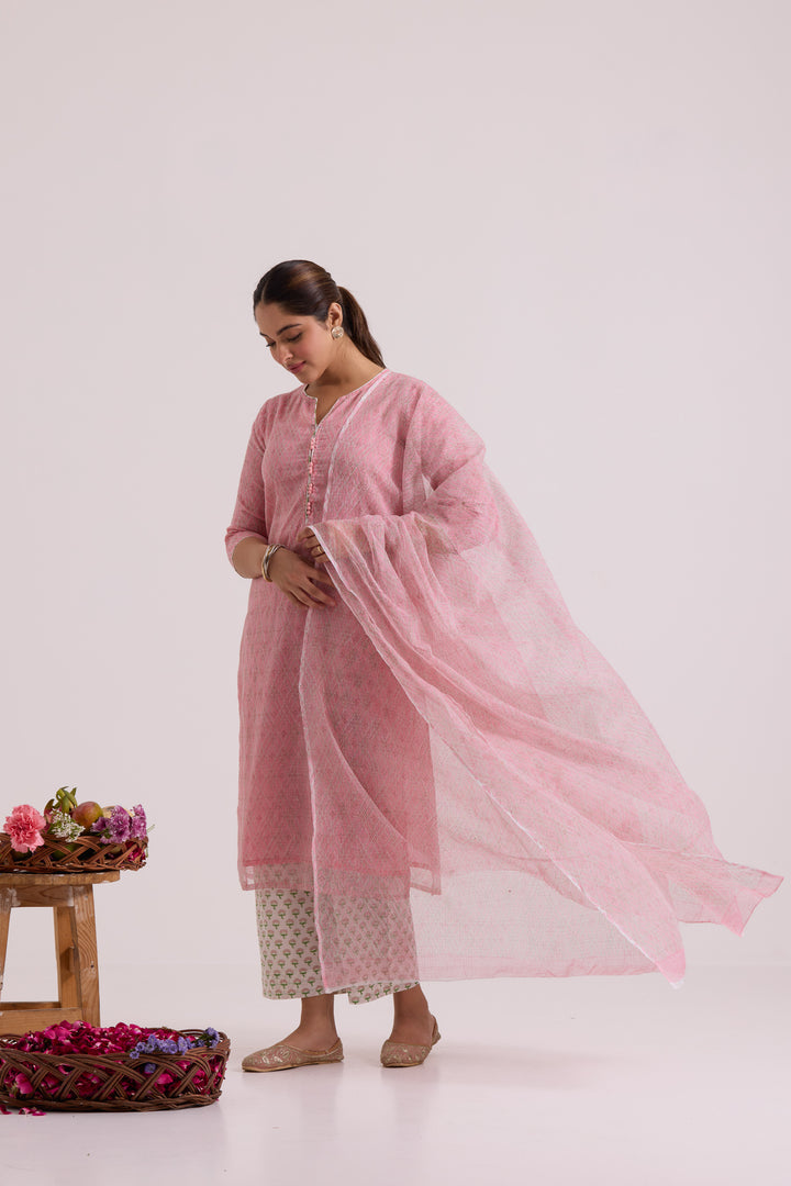 फूलWARI Pink Jaal Kota Doria Set of 3