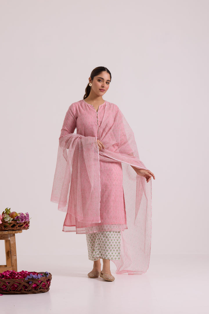 फूलWARI Pink Jaal Kota Doria Set of 3
