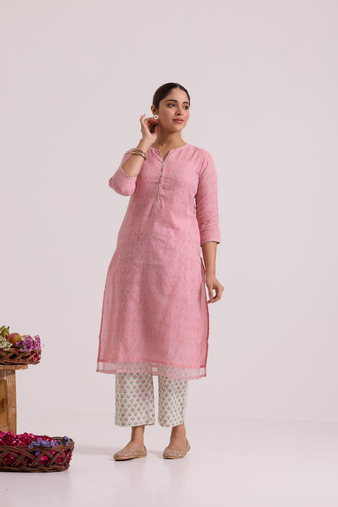 फूलWARI Pink Jaal Kota Doria Set of 3