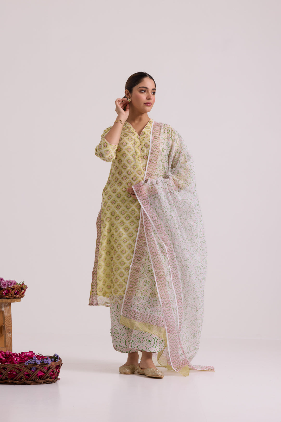 फूलWARI Olive Kota Doria Set of 3