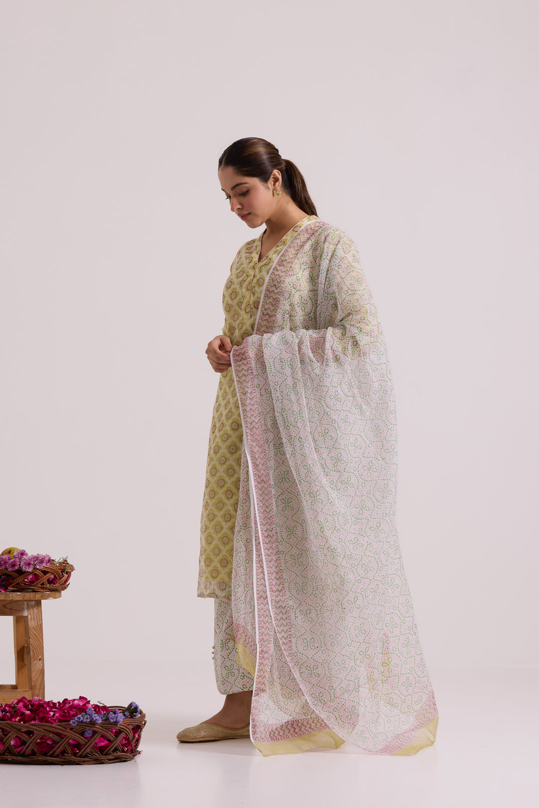 फूलWARI Olive Kota Doria Set of 3