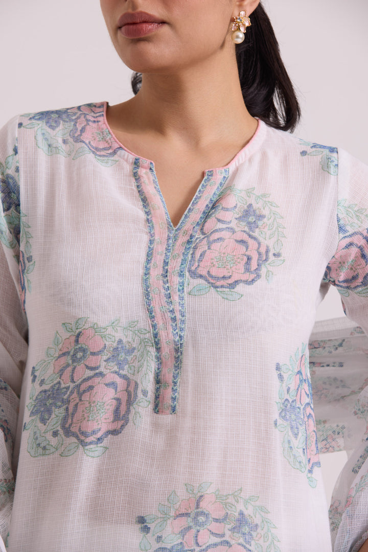 फूलWARI White Pink Gulab Kota Doria Set of 3