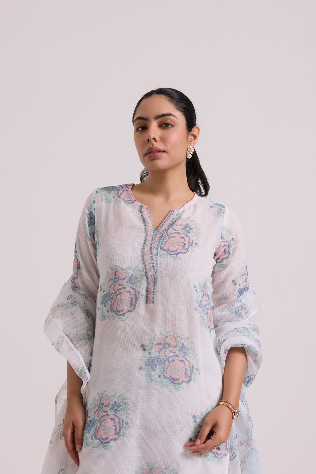 फूलWARI White Pink Gulab Kota Doria Set of 3