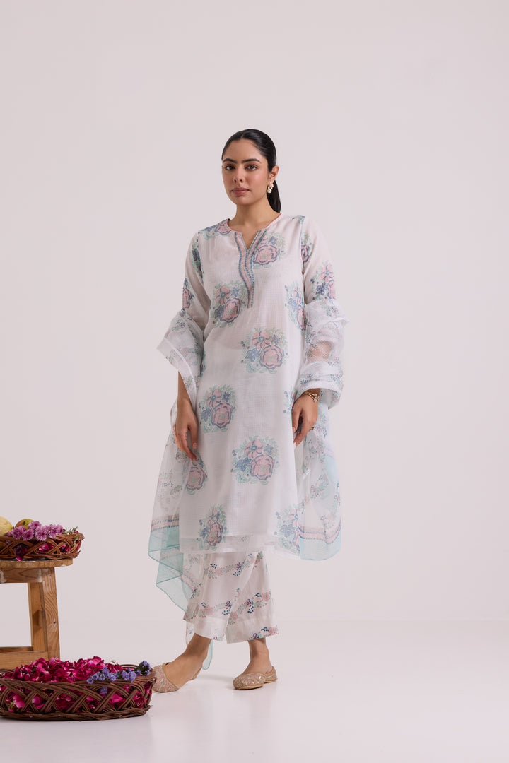 फूलWARI White Pink Gulab Kota Doria Set of 3