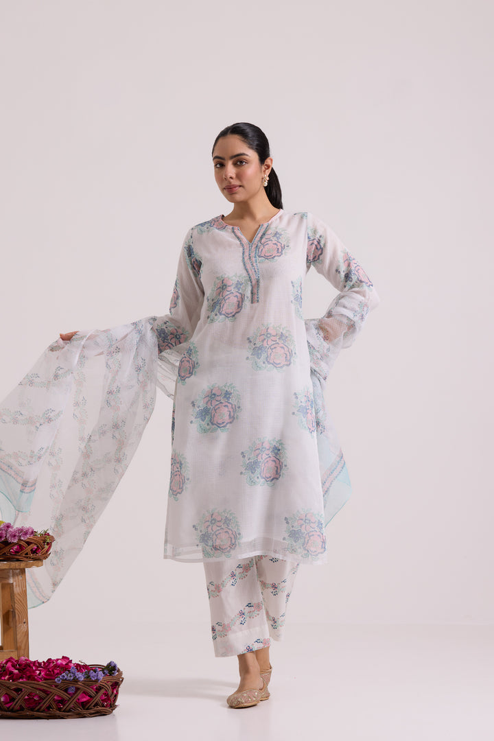 फूलWARI White Pink Gulab Kota Doria Set of 3