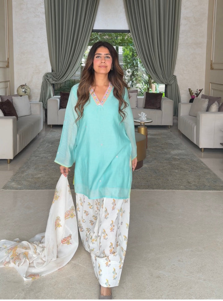 Mehal Kejriwal in Cotton Candy Light Blue Chanderi Mulmul Short Kurta with Farshi Salwar set of 3
