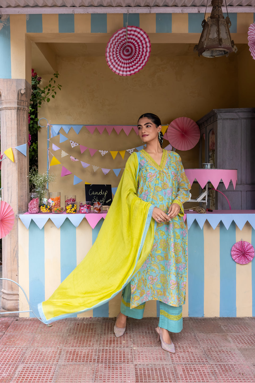 Cotton Candy Light Blue Chanderi Mulmul Kurta set of 3