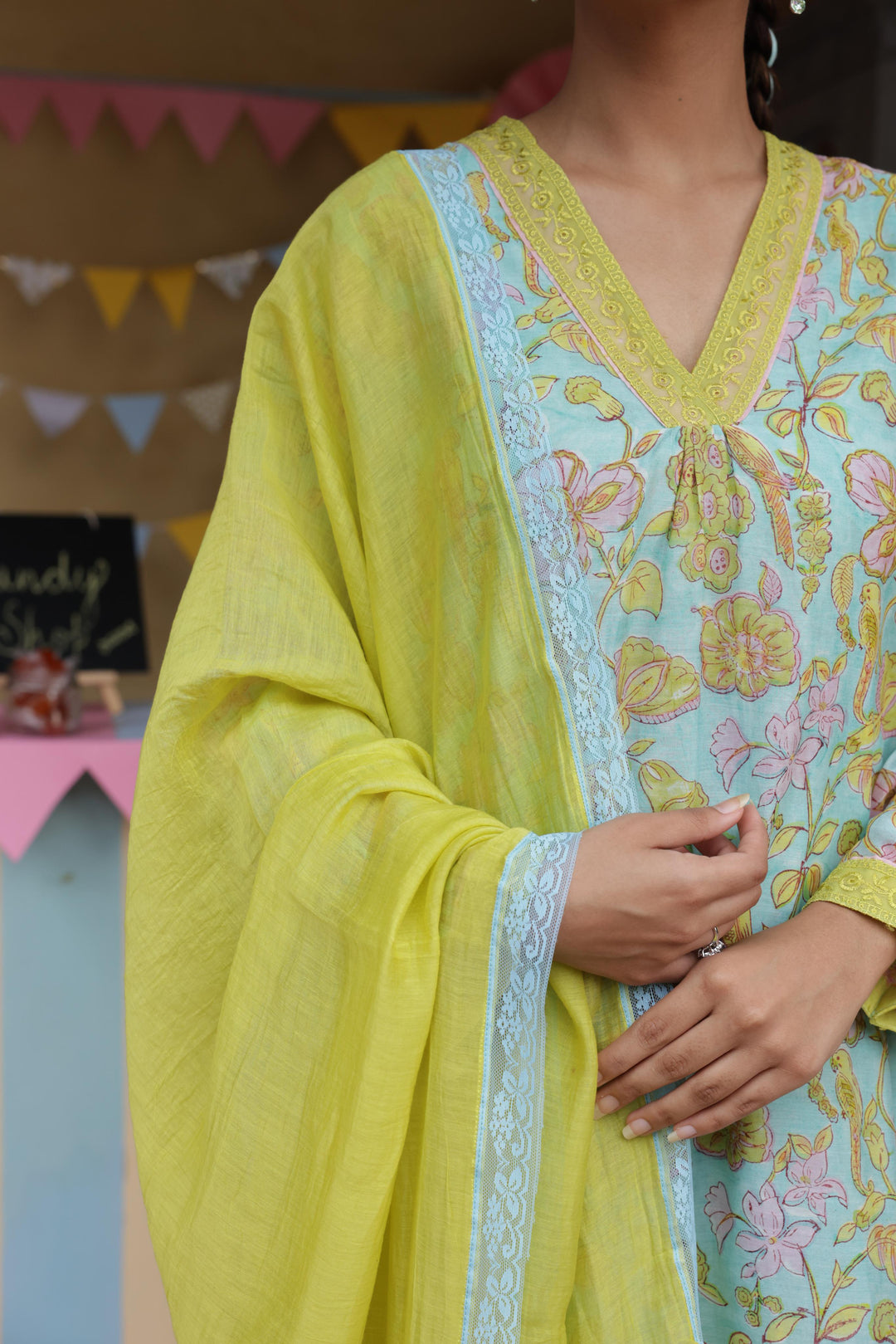 Cotton Candy Light Blue Chanderi Mulmul Kurta set of 3