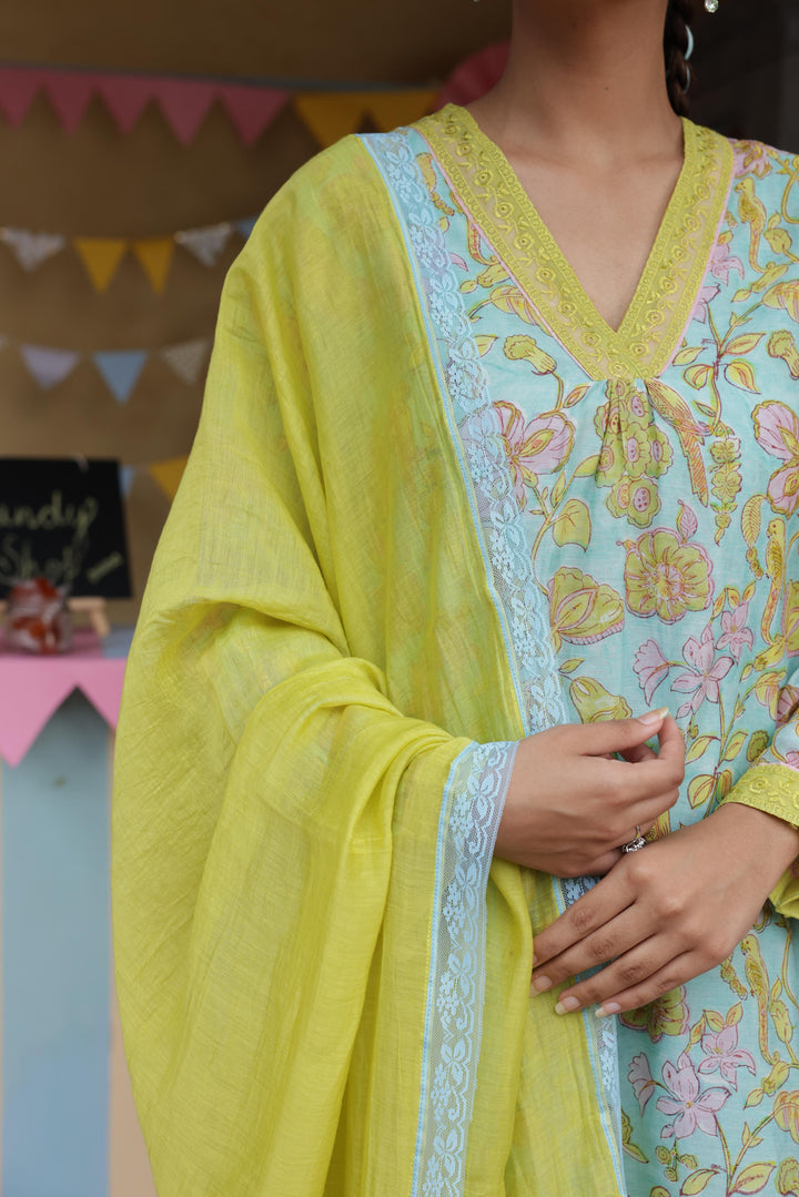 Cotton Candy Light Blue Chanderi Mulmul Kurta set of 3