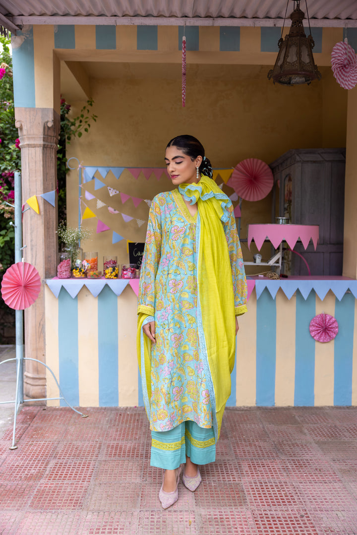 Cotton Candy Light Blue Chanderi Mulmul Kurta set of 3